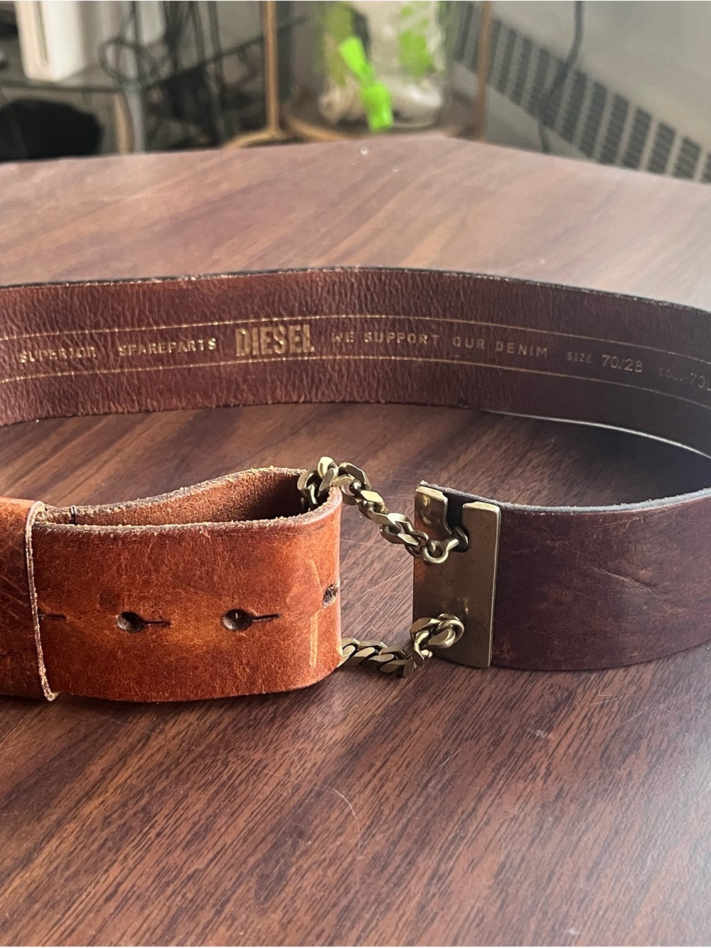 Diesel Brown Leather Belt with Chain Accent